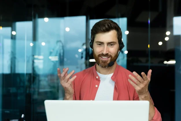 distance learning portrait young man teacher headset red shirt sits office 321831 15613