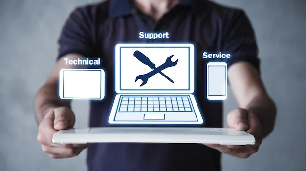 A person's hands hold a laptop displaying technical support icons, including a wrench and screwdriver,