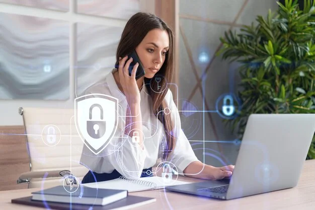 attractive businesswoman white shirt has conference call cyber security compliance division protect clients confidential information it hologram lock icons office background 269648 10388