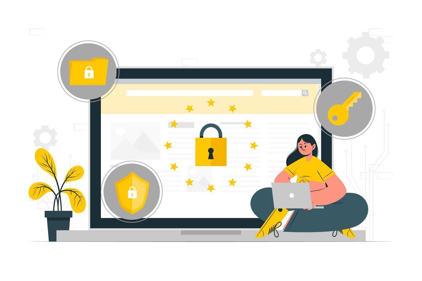 Woman sitting with laptop in front of a large screen displaying a padlock and security icons, symbolizing computer and internet security.