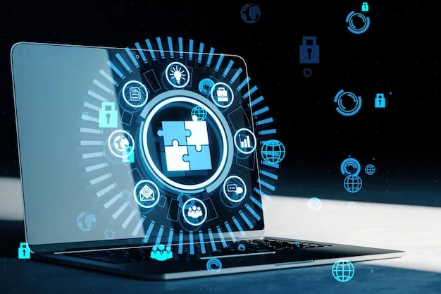 close up laptop with creative round data management hologram with jigsaw puzzle dark background data business hud cloud concept 3d rendering 670147 85292