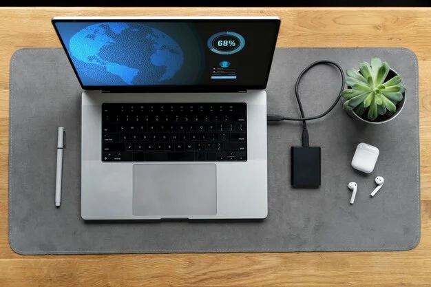 desk arrangement with ssd laptop flat lay 23 2149328279