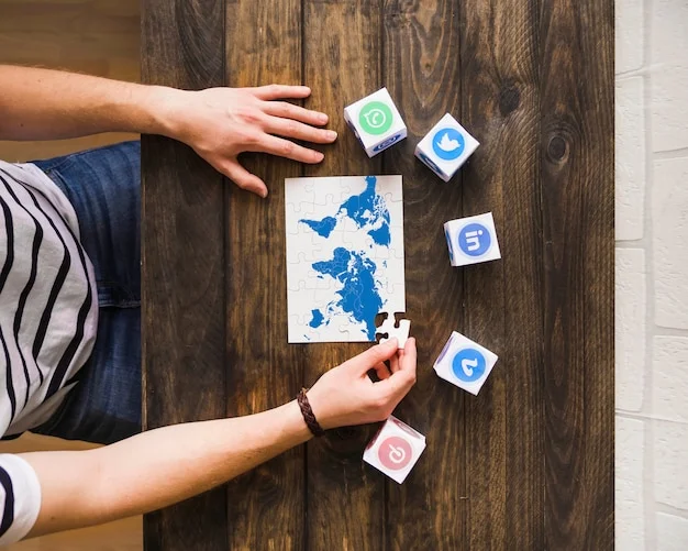 man solving world map jigsaw puzzle near blocks social networking icons 23 2147844526