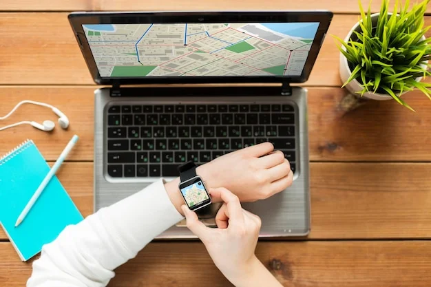 navigation location business people technology concept close up woman with smart watch laptop computer wooden table with gps navigator map screens 380164 141687