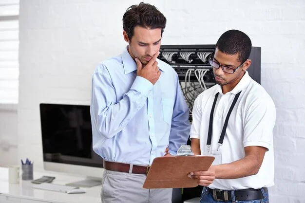server room thinking clipboard with engineer explaining cybersecurity contract business man network database consulting with it support technician chatting about paperwork 590464 173722