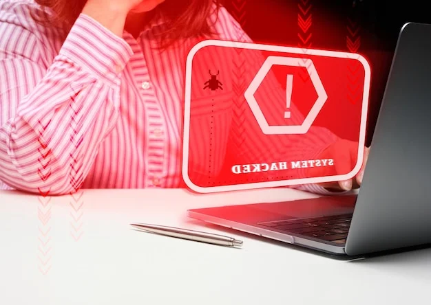woman sits laptop front her is inscription system is hacked user hacker attack system hacking password stolen 116441 21976