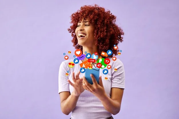 phone social media emoji reaction with black woman studio purple background communication mobile app notification with happy young person using technology like post 590464 222595