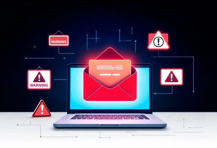 Laptop displaying a red envelope graphic with warning signs, illustrating email send/receive errors and cybersecurity issues.