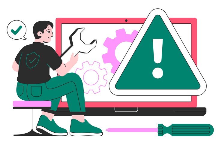 Illustration of a technician holding a wrench beside a laptop displaying gears and an alert symbol, representing technology support and troubleshooting services.