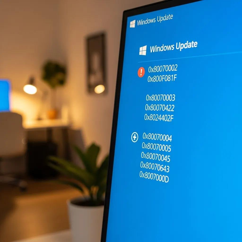 Close-up of a computer screen showing Windows Update error codes in a home office