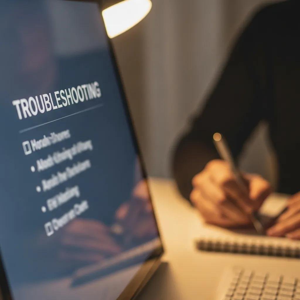 Close-up of a troubleshooting checklist on a computer screen with a person taking notes