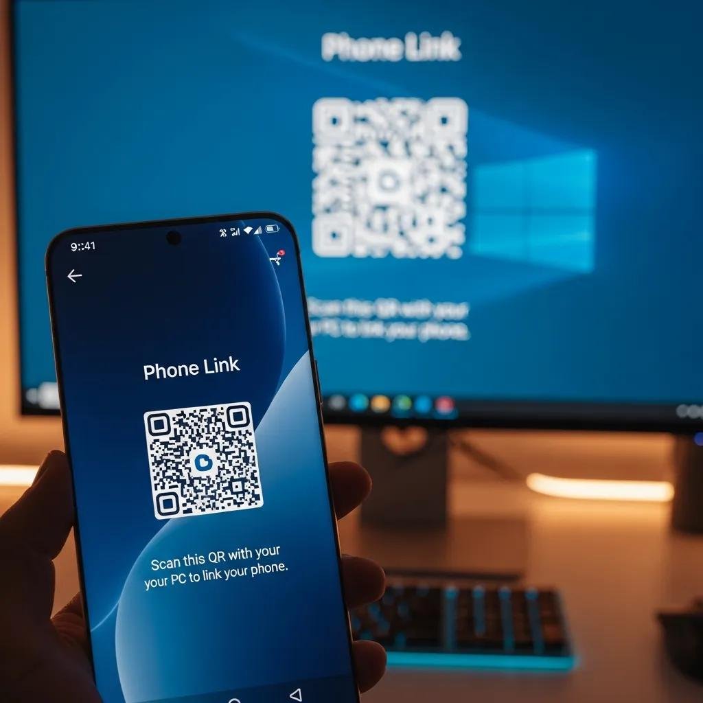 Close-up of Android smartphone with Phone Link app interface, demonstrating the connection setup process with a Windows PC
