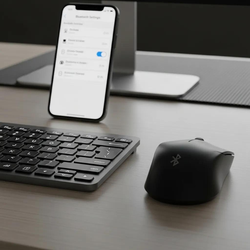 Close-up of Bluetooth keyboard and mouse with smartphone displaying Bluetooth settings