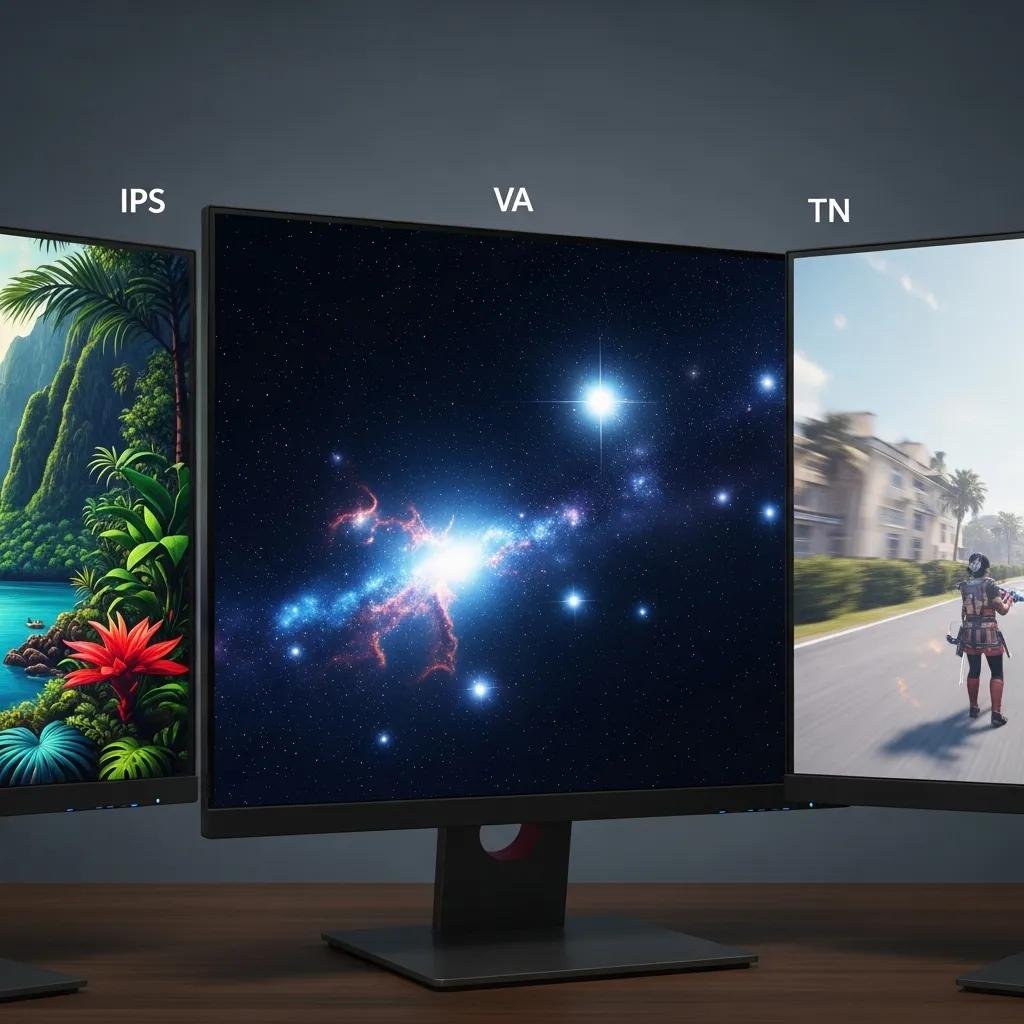 Comparison of IPS, VA, and TN monitor panels showcasing color and contrast differences