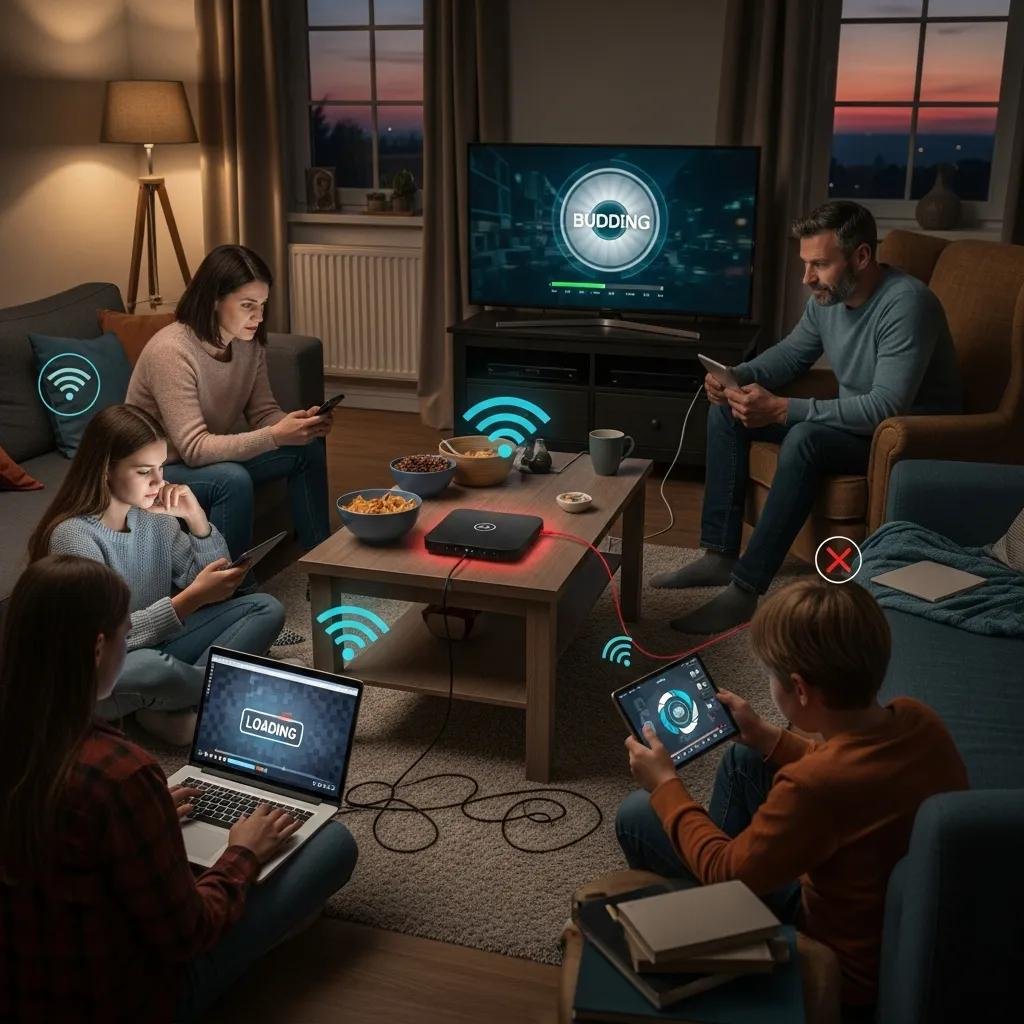 Family using multiple devices in a living room experiencing network congestion