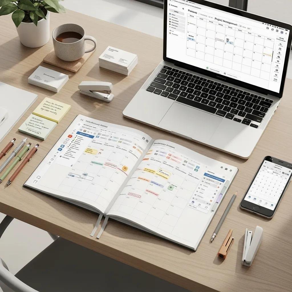 Flat lay of a digital productivity planner on a desk, surrounded by stationery, illustrating organization and task management benefits