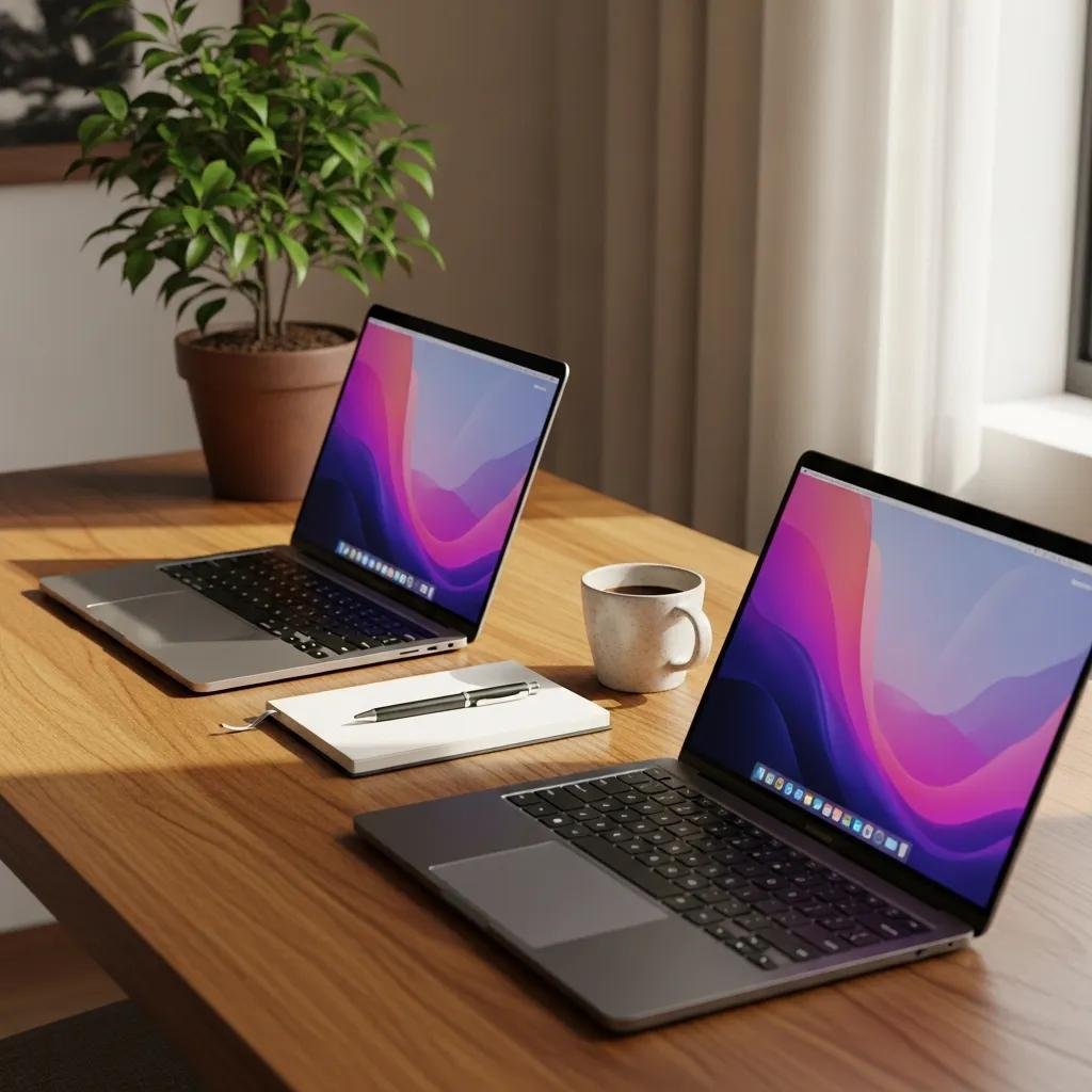 MacBook and Windows laptop on a modern desk with coffee and notepad