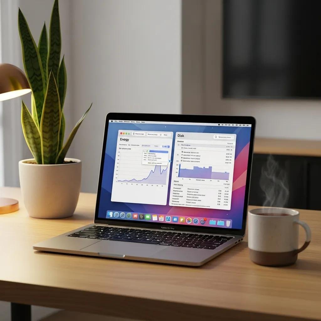 MacBook displaying Energy and Disk usage metrics in Activity Monitor
