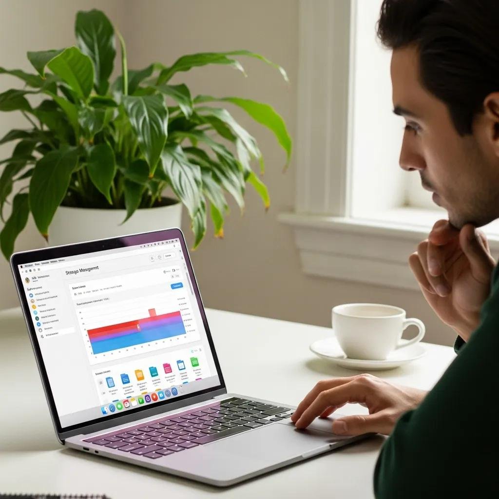 MacBook on a desk with a person analyzing storage management, representing effective storage optimization