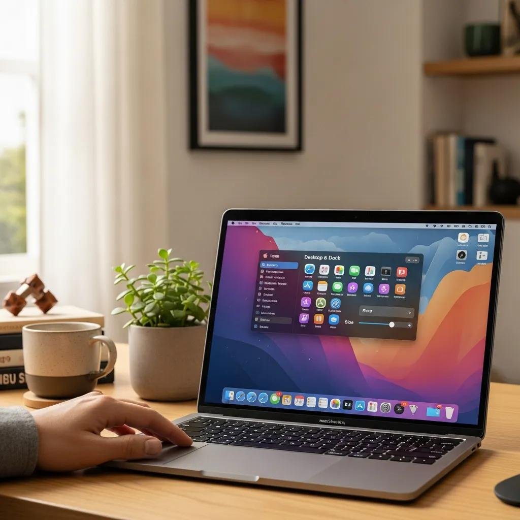 MacBook screen showing macOS customization settings in a cozy home office