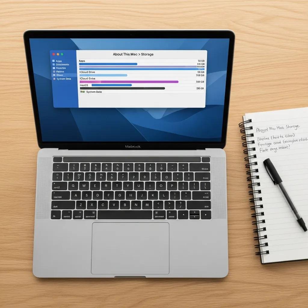 MacBook screen showing storage analysis interface, emphasizing the importance of checking disk space