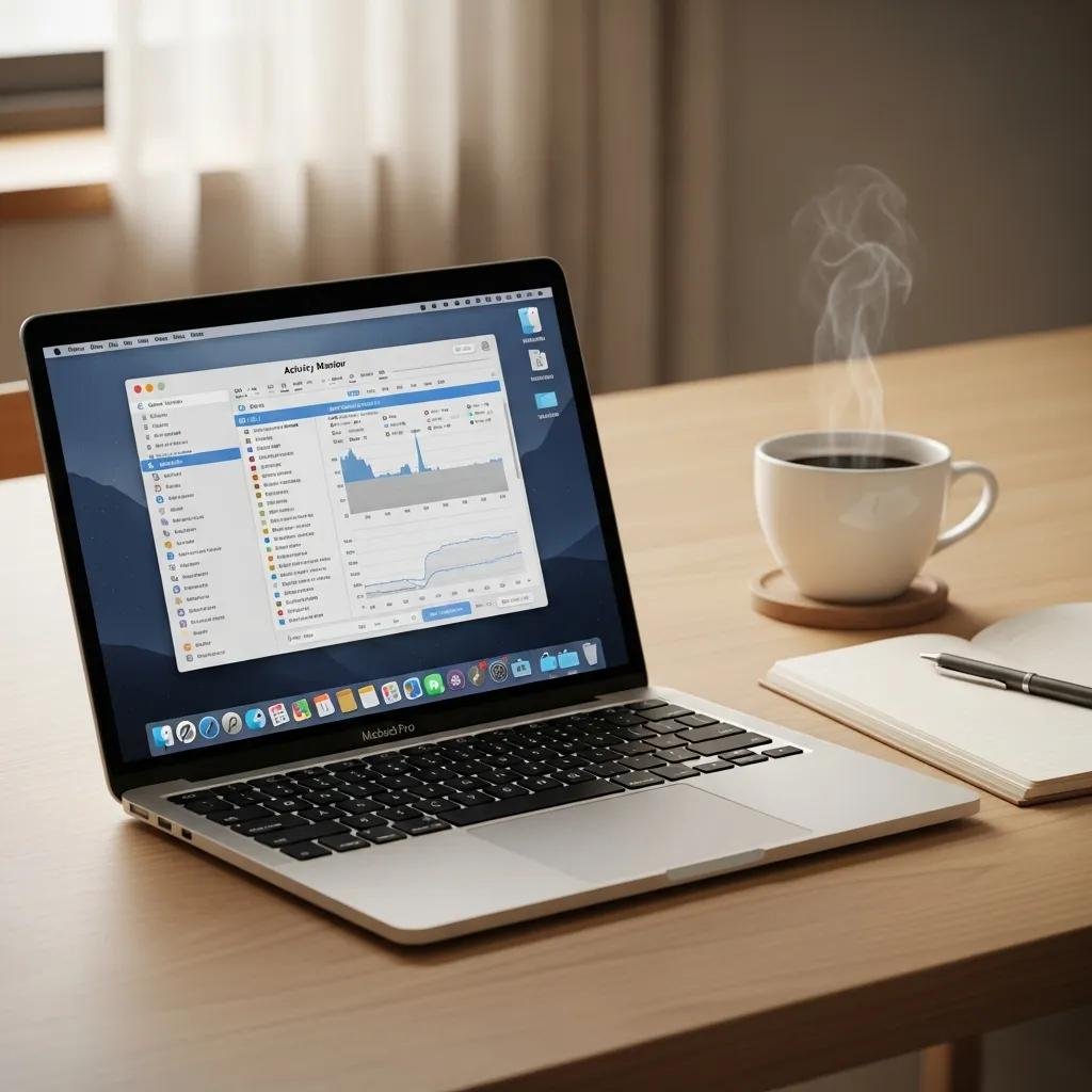 MacBook showing Activity Monitor interface highlighting CPU and Memory usage