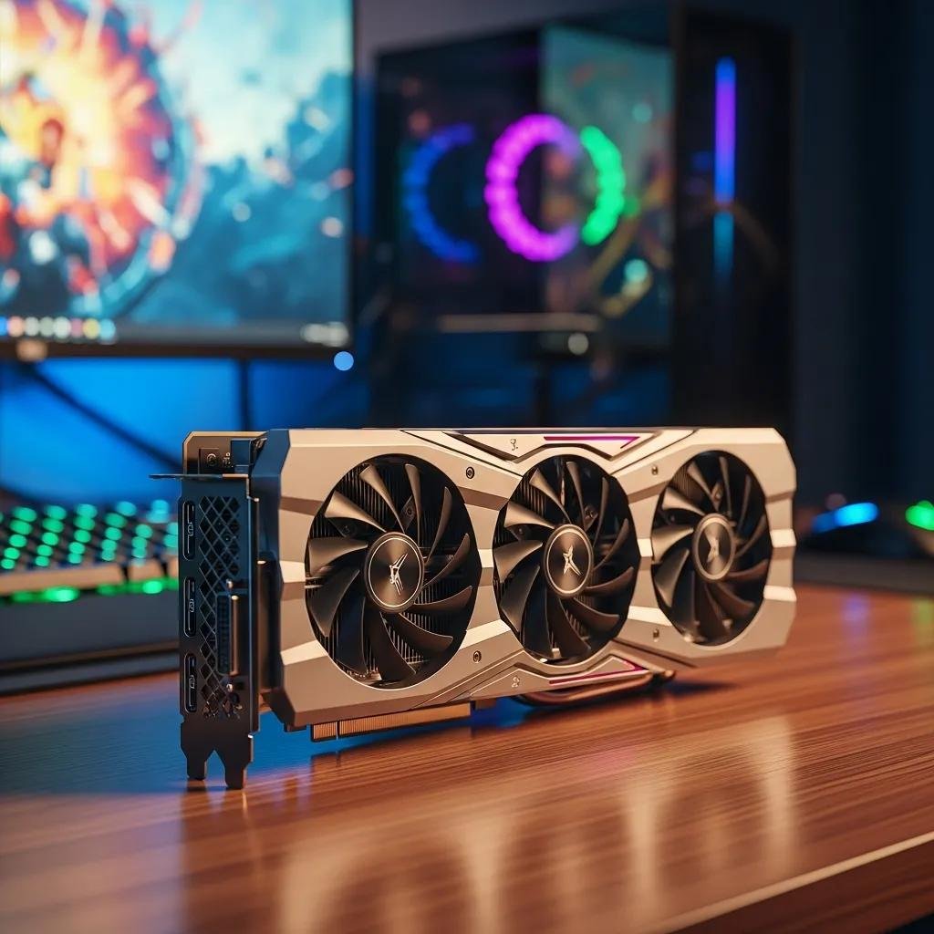 Modern graphics card on a desk showcasing its design and cooling features