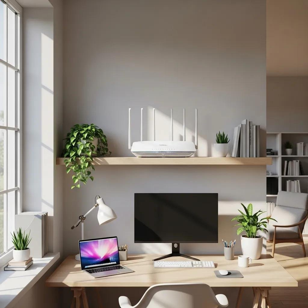 Modern Wi-Fi router positioned for optimal signal strength in a home office