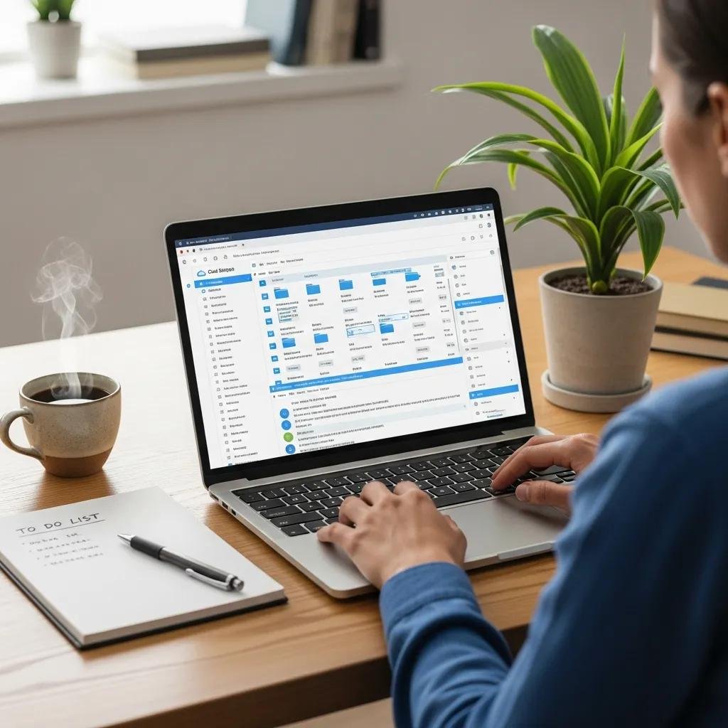 Modern workspace with cloud storage management tools and organization elements