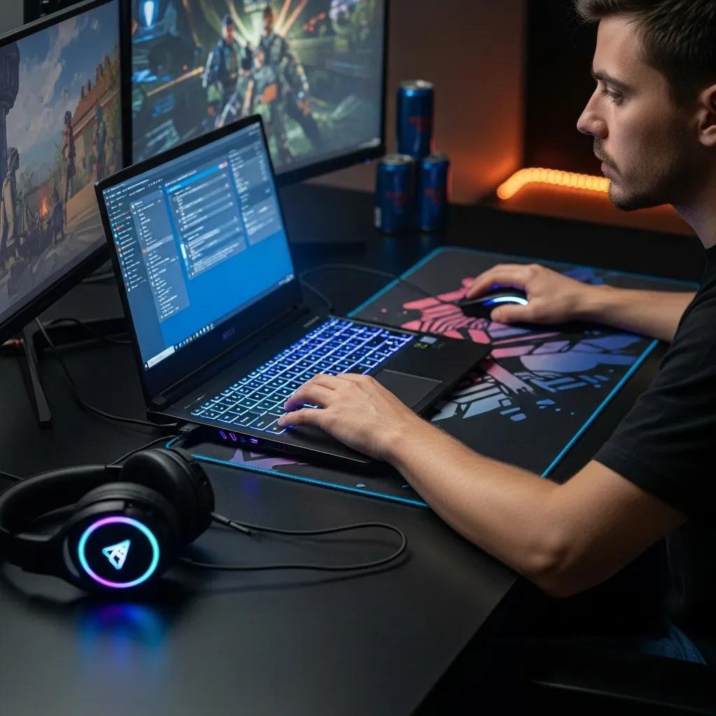 Person adjusting gaming laptop settings with peripherals in a focused environment