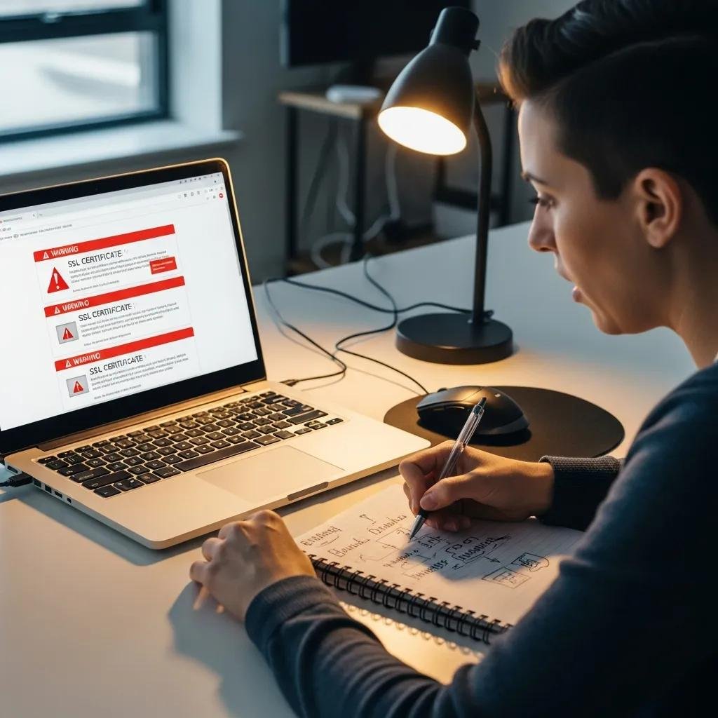 Person inspecting a laptop screen for SSL certificate warnings during a pharming attack