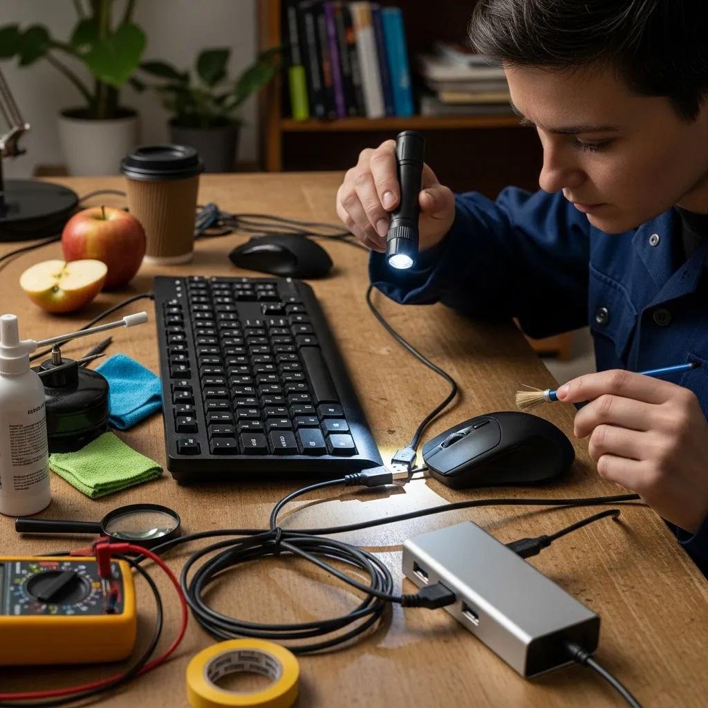Person inspecting wired keyboard and mouse connections for troubleshooting
