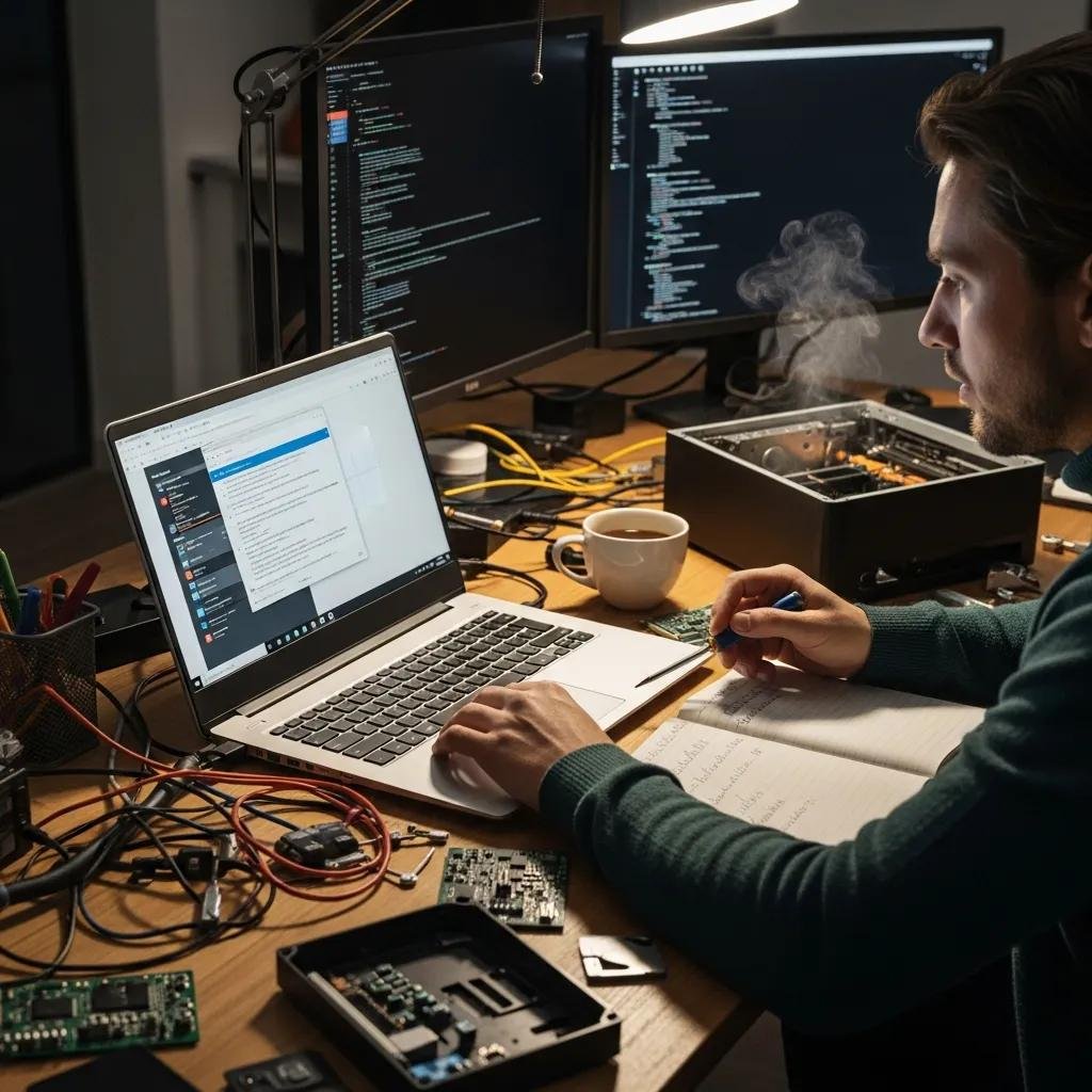 Person troubleshooting Windows Update issues with a laptop and tech tools in a modern workspace