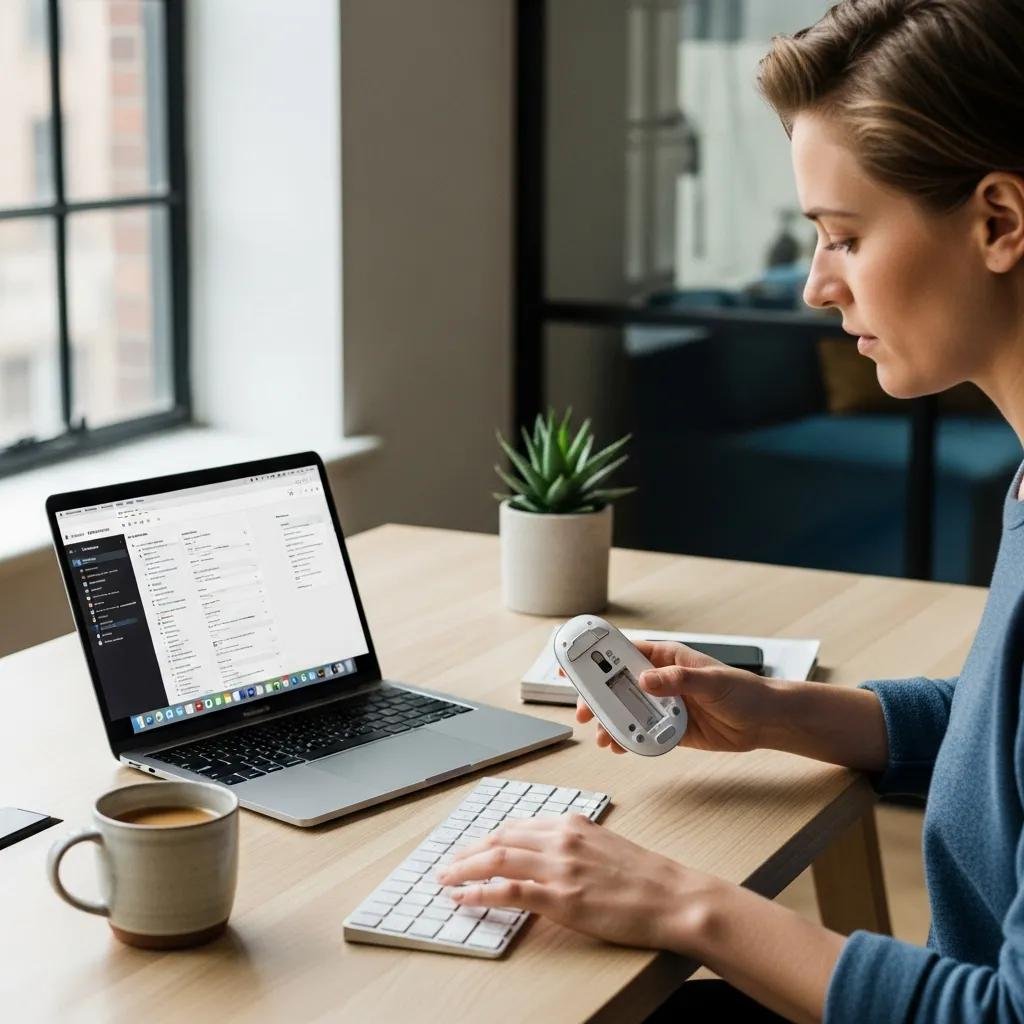 Person troubleshooting wireless keyboard and mouse at a modern workspace