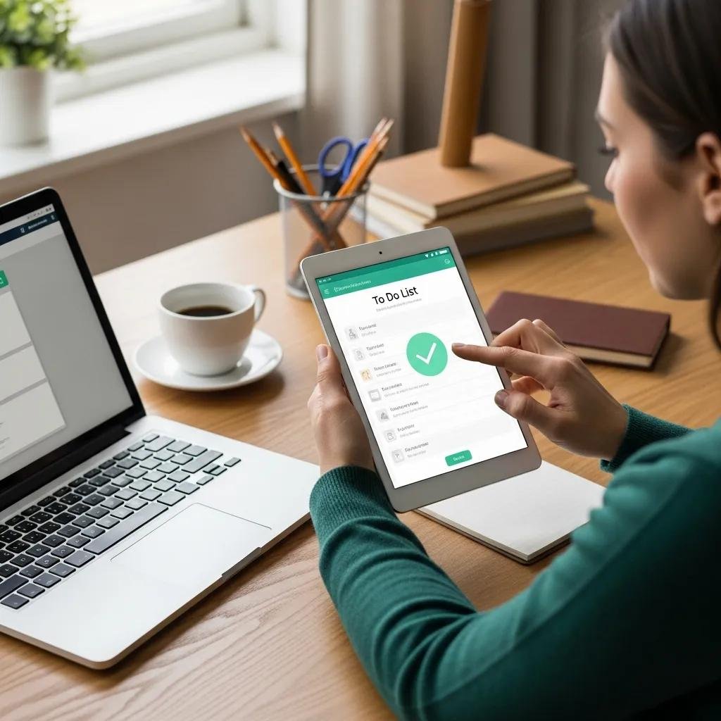Person using a digital to-do list app in a cozy home office, emphasizing productivity and organization