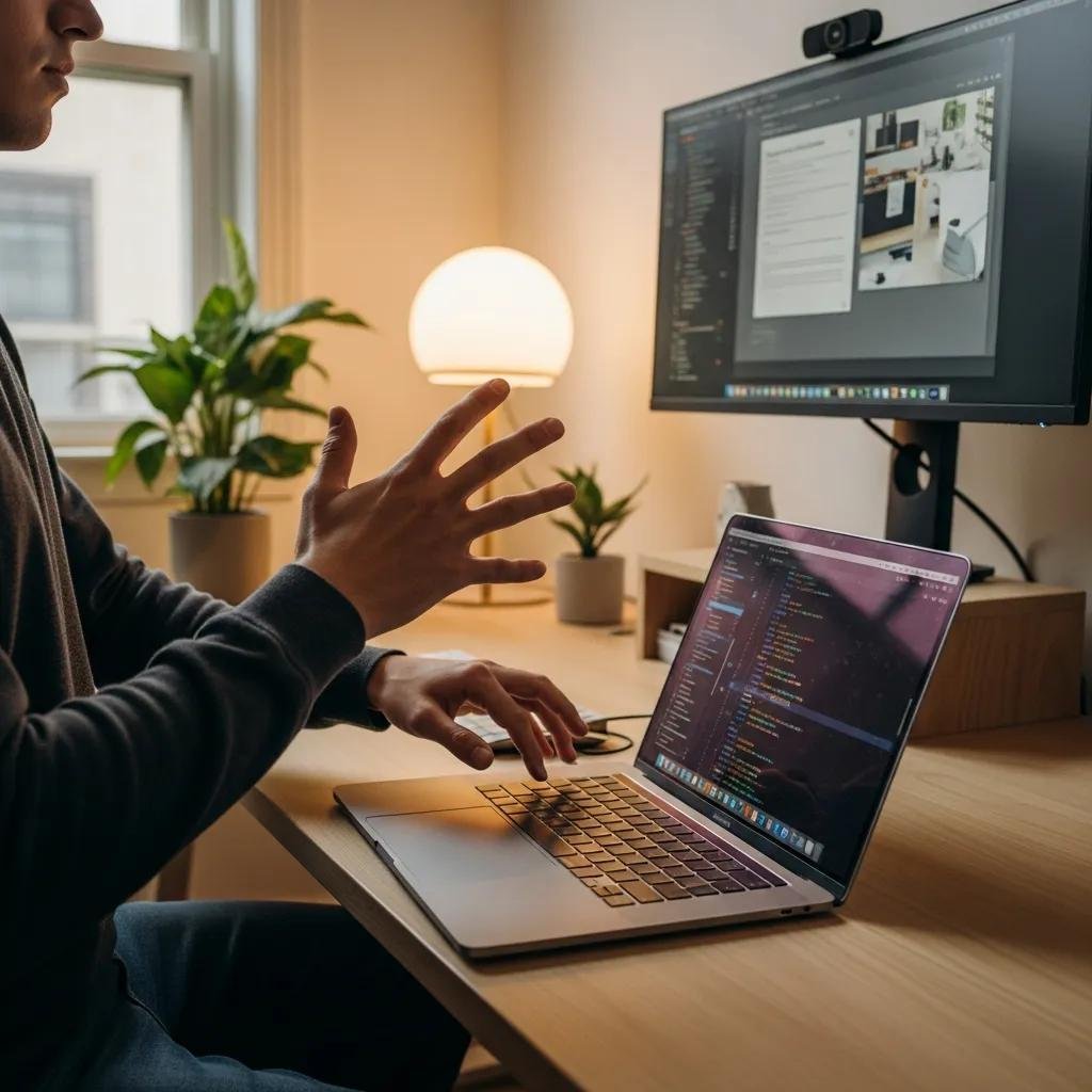 Person using keyboard shortcuts on a MacBook in a tidy workspace