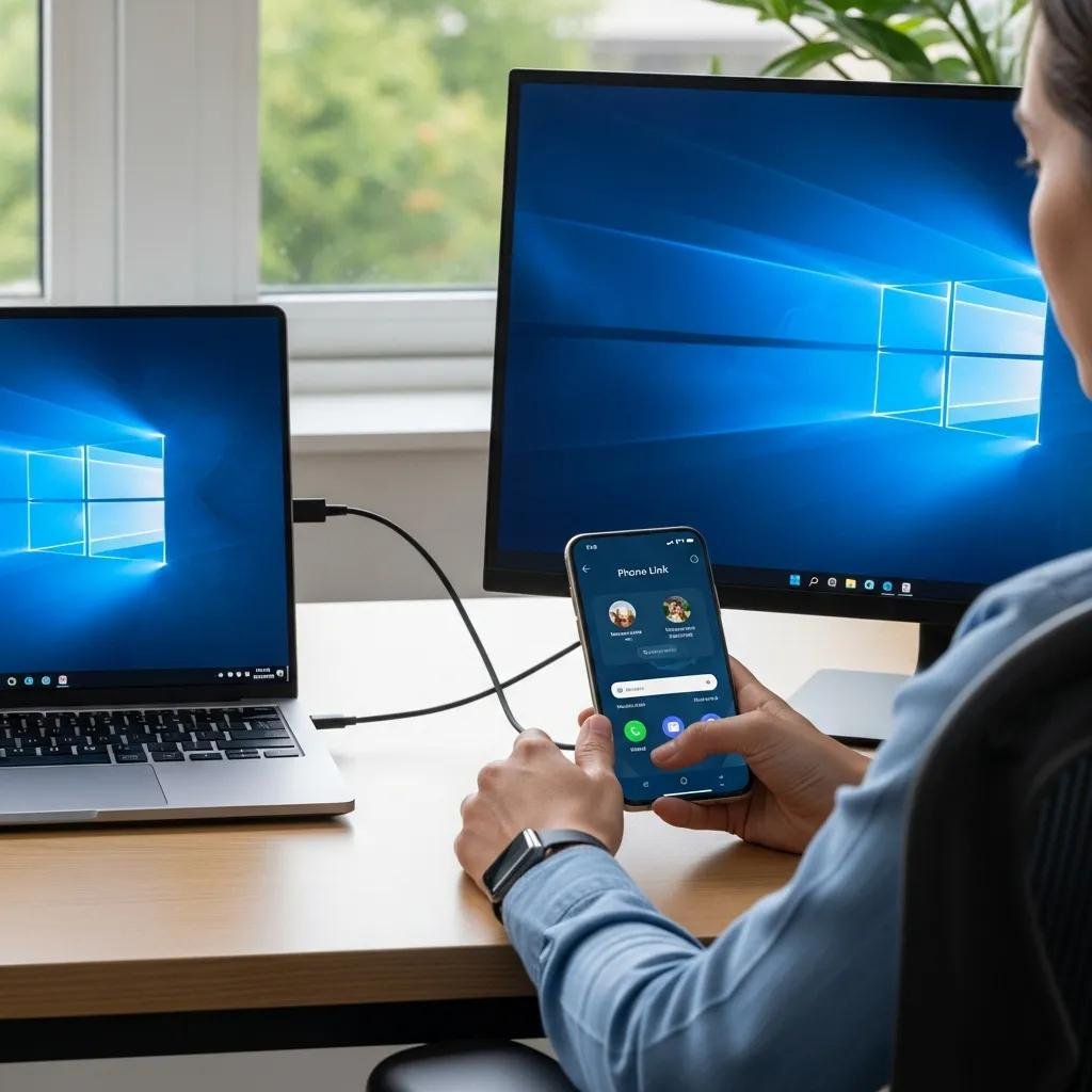 Person using Windows Phone Link app on a laptop with a smartphone, illustrating device connectivity and productivity