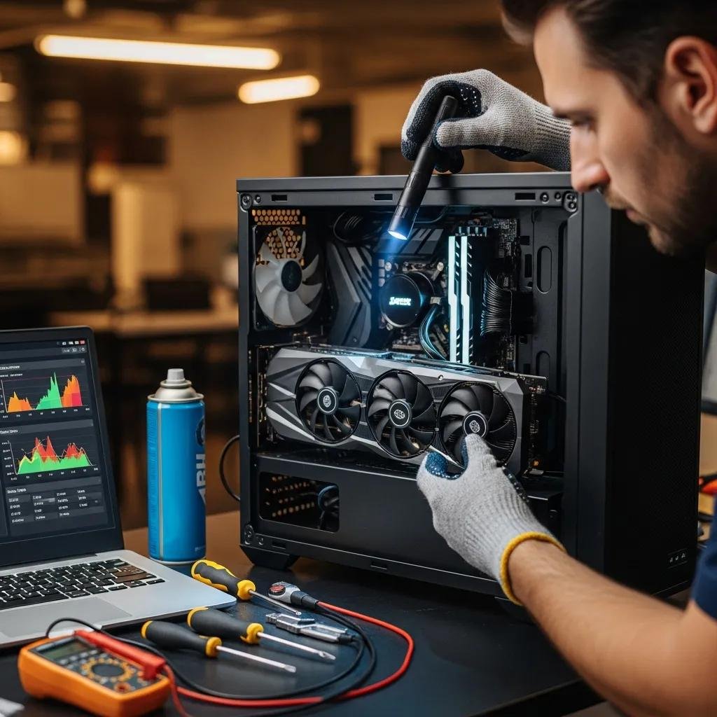Technician inspecting a graphics card for overheating issues with monitoring tools