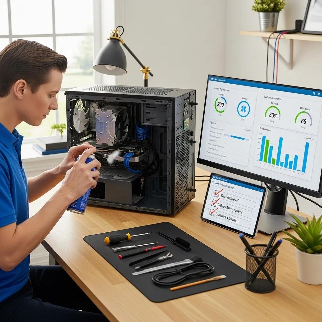 Technician performing proactive maintenance on a desktop computer, illustrating the importance of regular tech upkeep