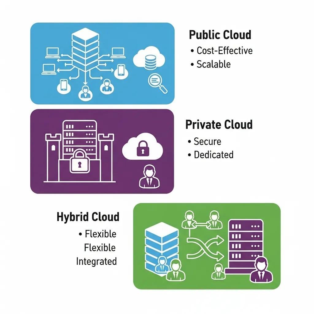 Visual comparison of public, private, and hybrid cloud storage solutions for data protection