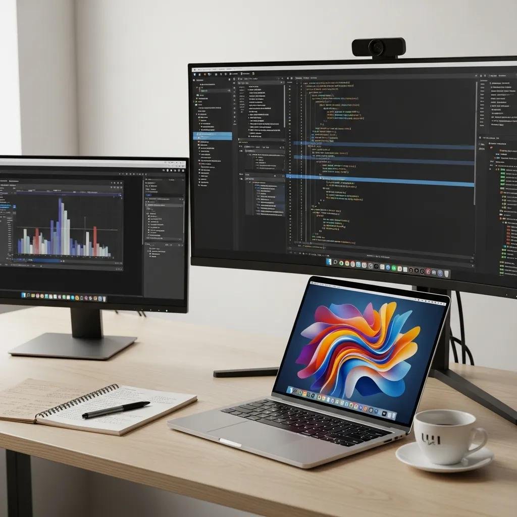 Modern workspace featuring multiple computer screens displaying data analysis and coding, with a laptop and notebook on a wooden desk, illustrating enhanced productivity and virtual desktop use.
