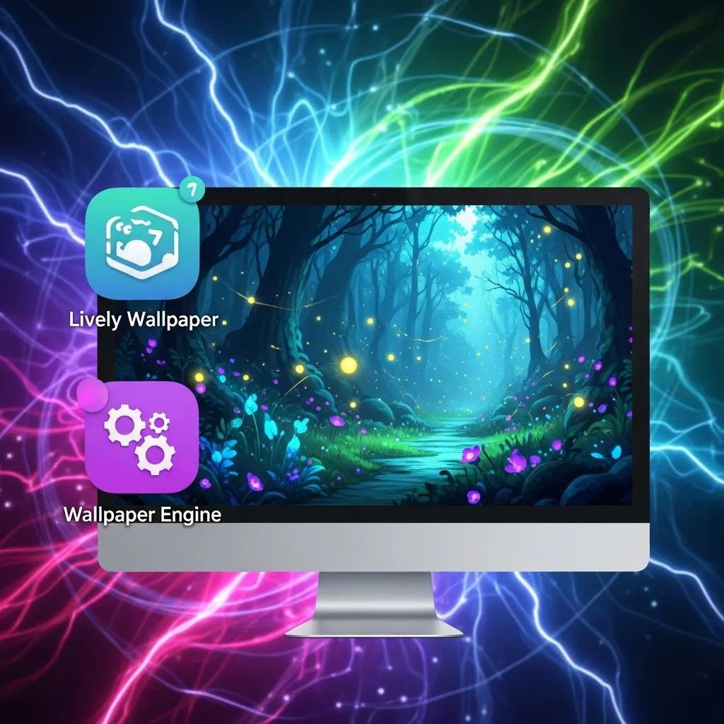 Animated wallpaper on a computer screen with customization tools
