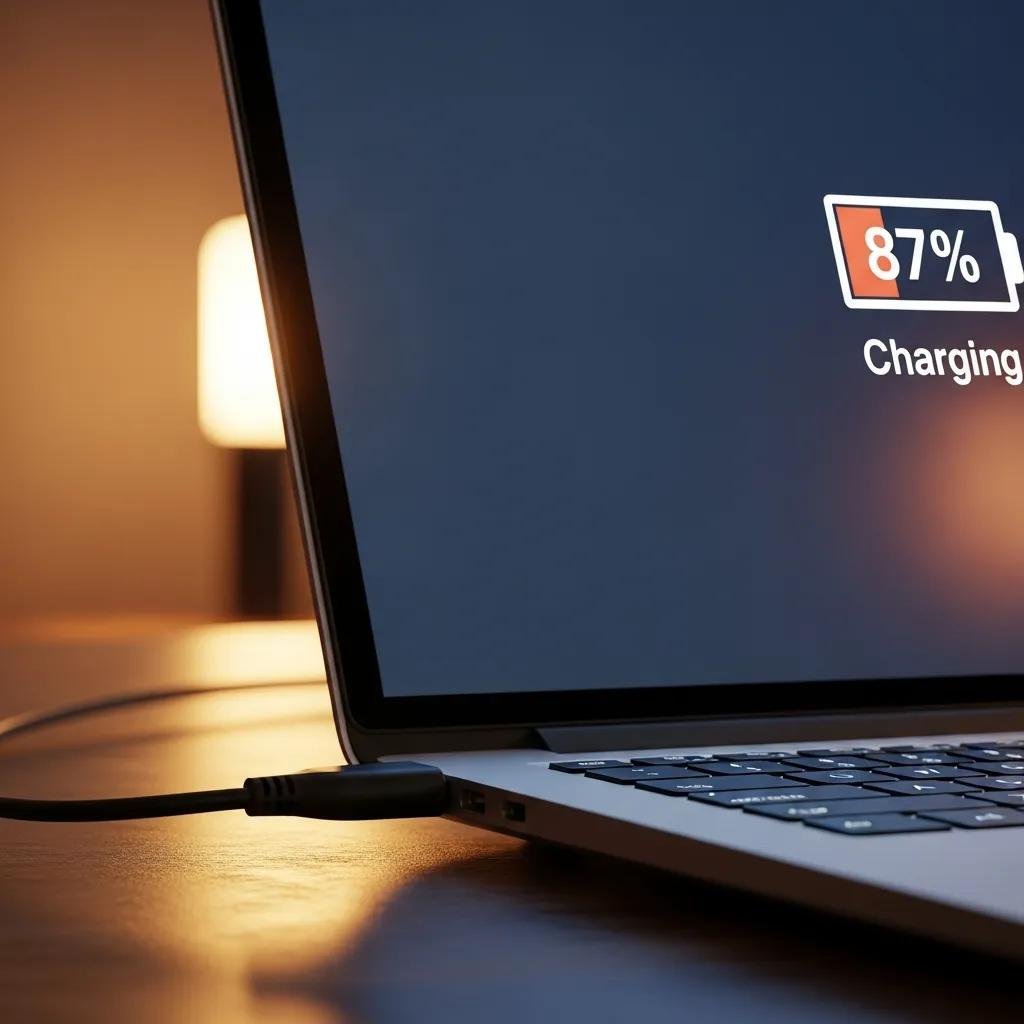 Close-up of a laptop charging, displaying battery percentage in a warm setting