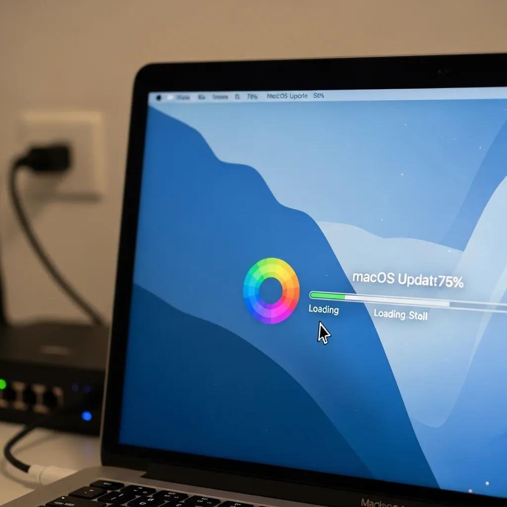 Close-up of a MacBook screen showing a stalled macOS update process