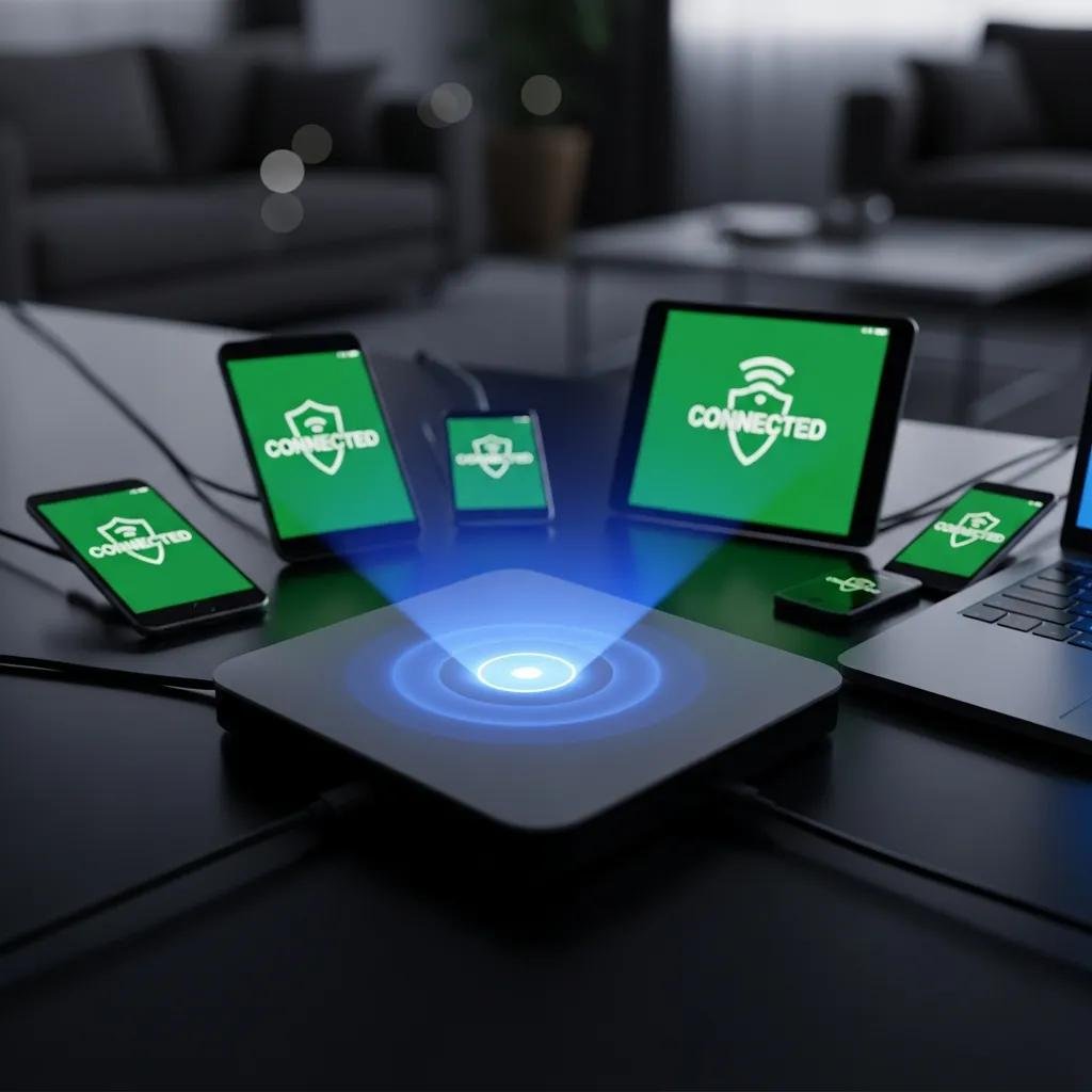 Close-up of a Wi-Fi router with glowing indicators representing strong wireless encryption practices