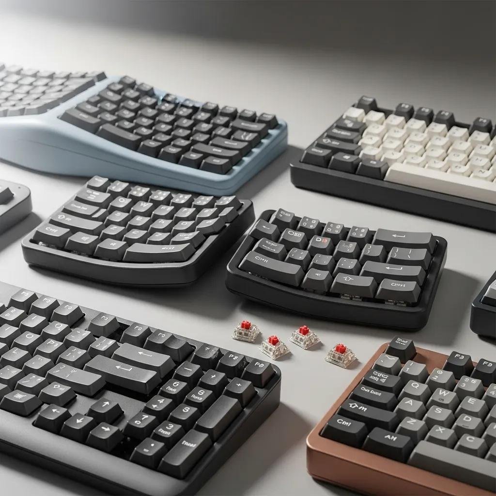 Close-up of ergonomic keyboards showcasing split designs and adjustable features for comfort and performance