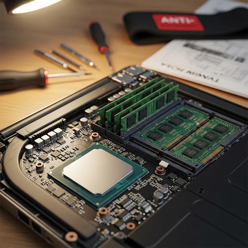 Close-up of laptop internal components including CPU and RAM, illustrating key performance elements for buyers