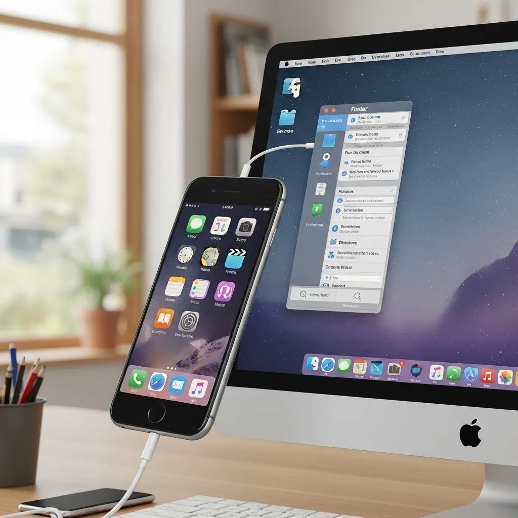 Close-up of Mac Finder interface syncing with iPhone