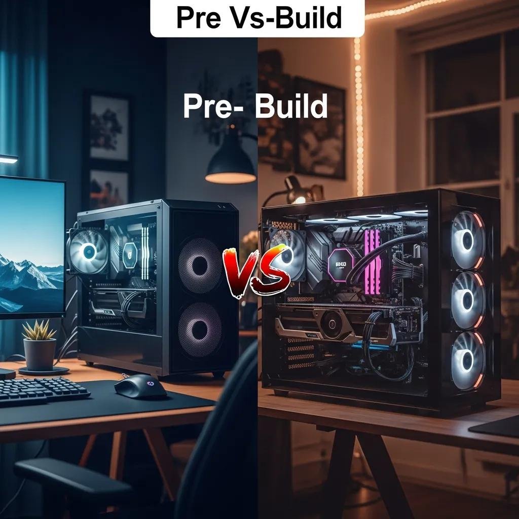 Comparison of a pre-built PC and a custom-built PC in a modern home office setting