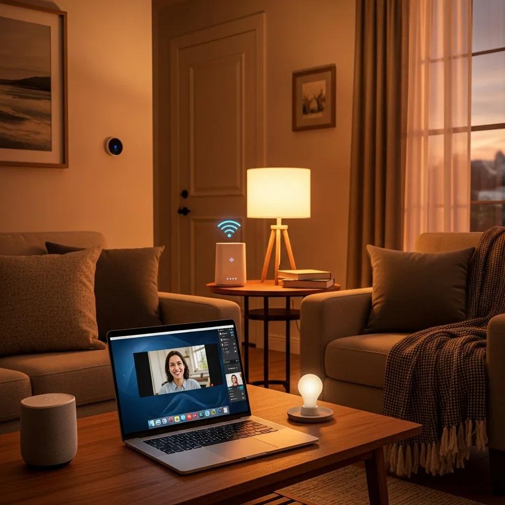 Cozy home environment featuring a laptop on a wooden table displaying a video call, a Wi-Fi router, and a lamp, emphasizing secure home network and tech connectivity.